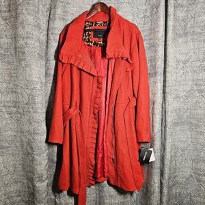 Steve Madden 2X Cherry Red Ruffle Collar Belted Coat Leopard Lining NWT